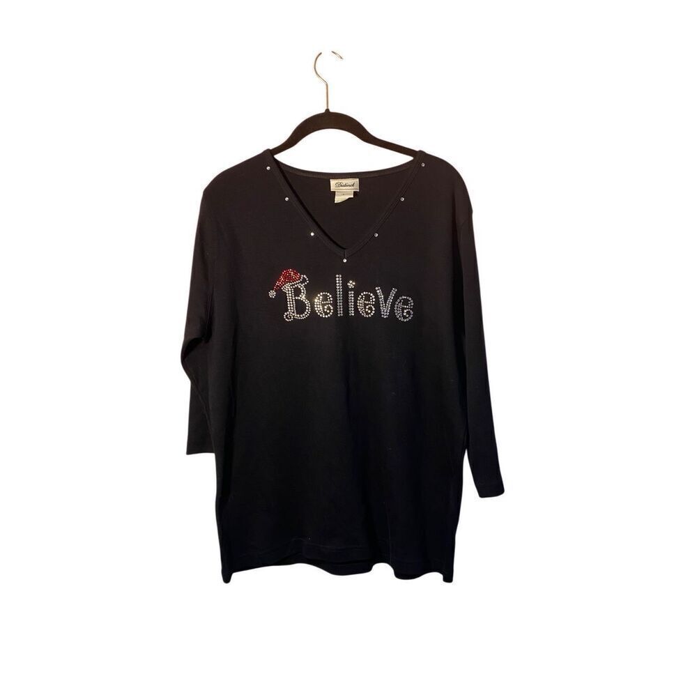 Distinct Women’s Believe Christmas Rhinestone Bling Black T Shirt Size Large